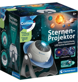 Projektor-Spielzeugbox im Galaxie-Design mit Planeten, Sternen und Infos auf Italienisch und Deutsch.