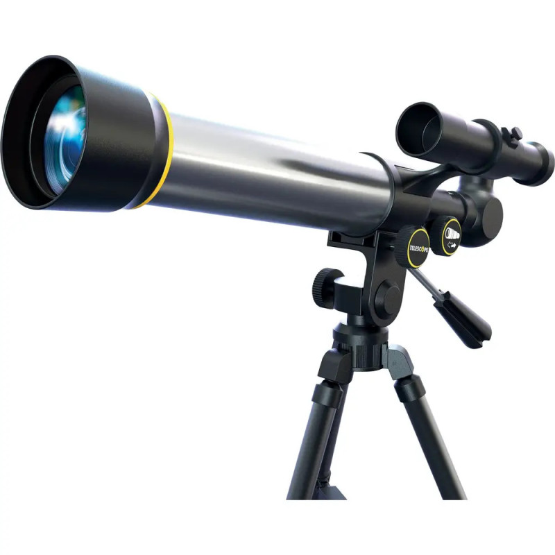 Silber-schwarzes Teleskop auf Stativ mit Einstellknöpfen und kleinem Sucherfernrohr. Silber-schwarzes Teleskop auf Stativ mit Einstellknöpfen und kleinem Sucherfernrohr.
