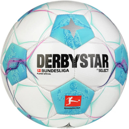 Weiß-blauer Derbystar Bundesliga-Ball mit Logos und sternförmigen Mustern.