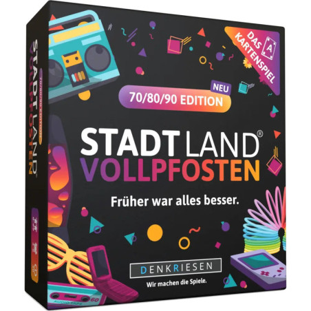 Bunte Spielebox mit der Aufschrift STADT LAND VOLLPFOSTEN 70/80/90 EDITION und Retro-Symbolen.