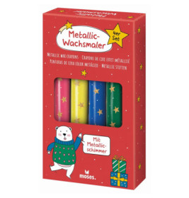 Rote Schachtel mit vier metallischen Wachsmalstiften, verziert mit Sternen und einem Eisbär im Pullover.