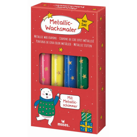 Rote Schachtel mit vier metallischen Wachsmalstiften, verziert mit Sternen und einem Eisbär im Pullover.
