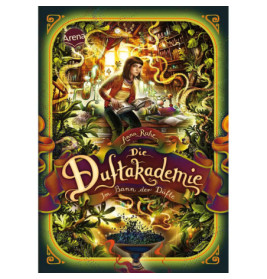 Ein Mädchen mixt Tränke in einer grünen Zauberbibliothek Die Duftakademie steht in goldenen Buchstaben.