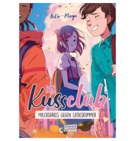 Drei lächelnde Jugendliche posieren auf einem bunten Comiccover mit dem Titel Der Kussclub.