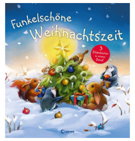 Illustration von Waldtieren, die einen Weihnachtsbaum schmücken, darüber der Schriftzug Funkelschöne Weihnachtszeit.