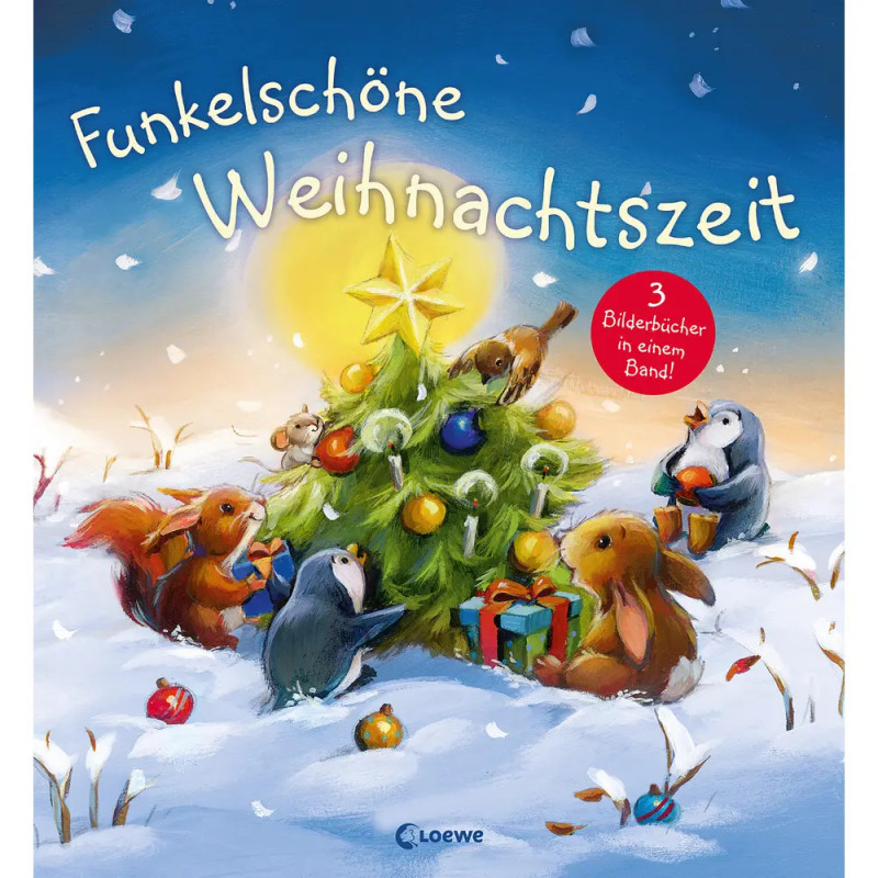 Illustration von Waldtieren, die einen Weihnachtsbaum schmücken, darüber der Schriftzug Funkelschöne Weihnachtszeit.