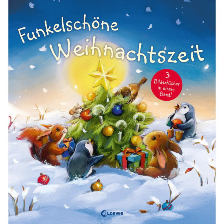 Illustration von Waldtieren, die einen Weihnachtsbaum schmücken, darüber der Schriftzug Funkelschöne Weihnachtszeit.
