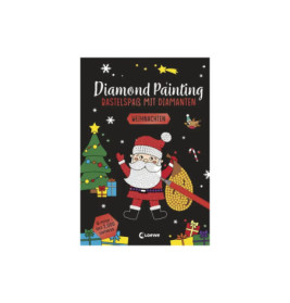 Buchcover mit Diamond-Art-Santa, Weihnachtsbaum, Geschenken und dem Titel Diamond Painting Bastelspaß mit Diamanten.