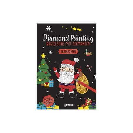 Buchcover mit Diamond-Art-Santa, Weihnachtsbaum, Geschenken und dem Titel Diamond Painting Bastelspaß mit Diamanten.