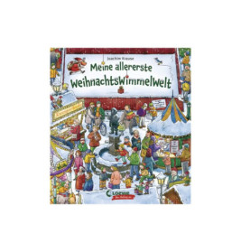 Illustrierter Weihnachtsmarkt mit Menschen, Buden, Brunnen und Schnee auf einem deutschen Kinderbuchcover.