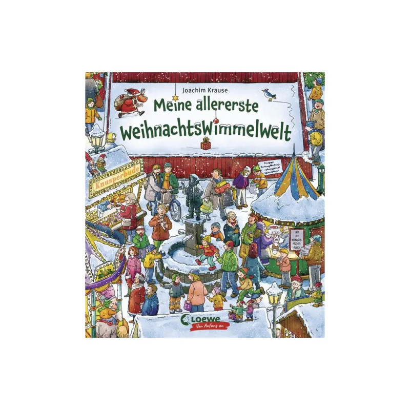 Illustrierter Weihnachtsmarkt mit Menschen, Buden, Brunnen und Schnee auf einem deutschen Kinderbuchcover.