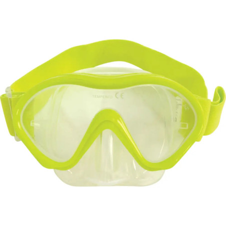 Gelbe, transparente Tauchmaske mit breitem Band und durchgehendem Klarglas.