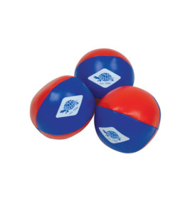 Drei blau-rote Jonglierbälle, jeder mit weißem Logo: Schildkröte und est. 1996.
