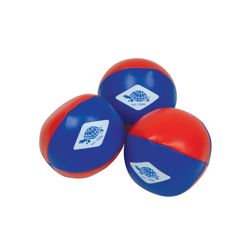 Drei blau-rote Jonglierbälle, jeder mit weißem Logo: Schildkröte und est. 1996.