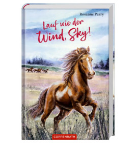 Buchcover mit braunem galoppierendem Pferd auf einer Wiese, drei weitere Pferde im Hintergrund, deutscher Titel oben.