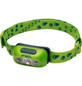 Grüne Stirnlampe mit blauen Knöpfen, Tiermotiven auf dem Band und Nature Zoom-Schriftzug vorn.