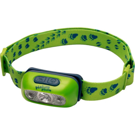 Grüne Stirnlampe mit blauen Knöpfen, Tiermotiven auf dem Band und Nature Zoom-Schriftzug vorn.
