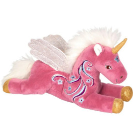 Rosa Plüscheinhorn mit weißen Flügeln, goldenem Horn und Hufen sowie blauen Sternen auf dem Körper.