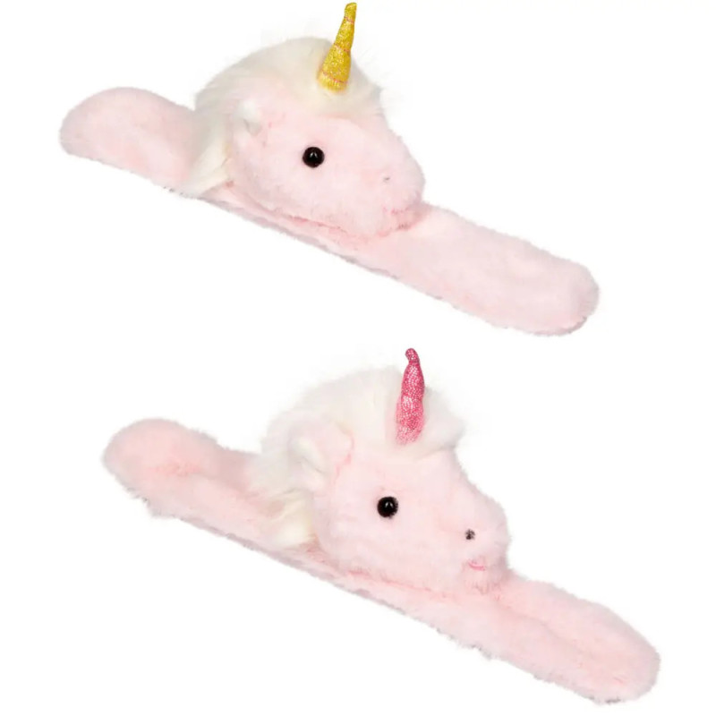 Zwei pinke Plüsch-Einhorn-Armbänder mit glitzernden Hörnern, eins gelb, eins pink, auf weißem Hintergrund.