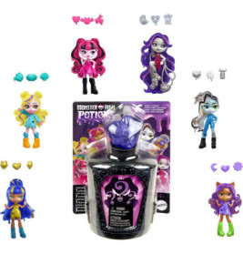 Monster High Zaubertrank-Flasche mit sechs kleinen Puppen, Zubehör und Verpackung drumherum arrangiert.