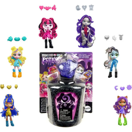 Monster High Zaubertrank-Flasche mit sechs kleinen Puppen, Zubehör und Verpackung drumherum arrangiert.