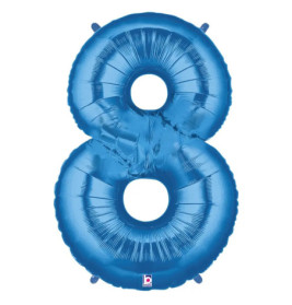 Blauer Folienballon in Form der Zahl 8, freigestellt vor weißem Hintergrund.