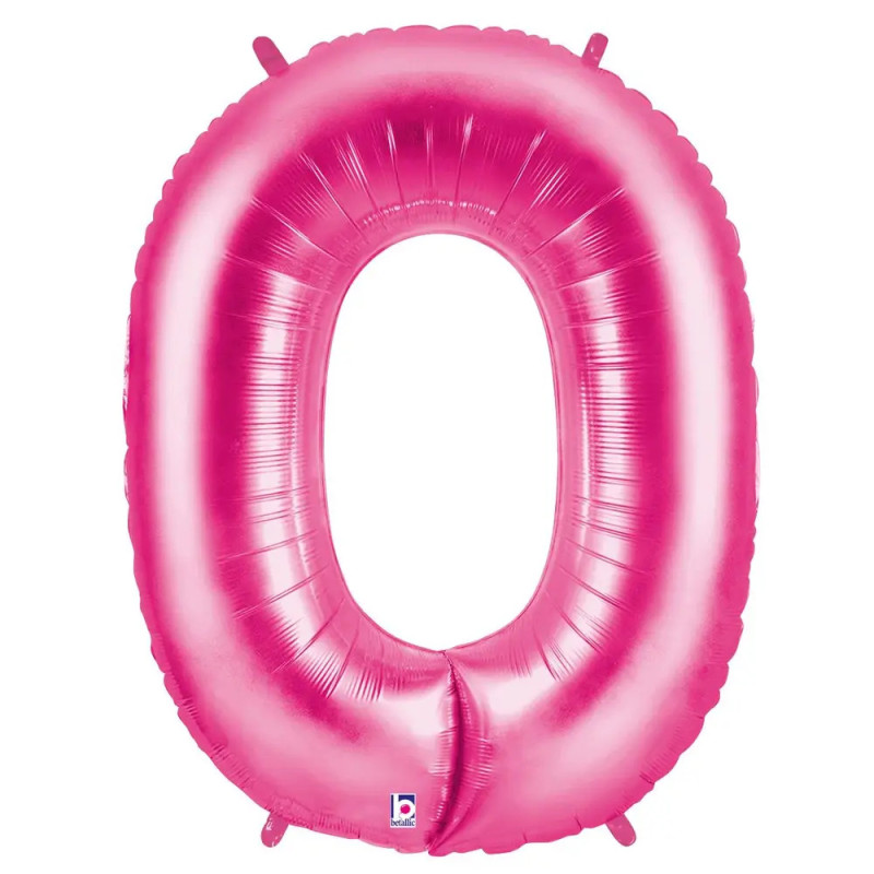 Ein glänzender pinker Folienballon in Form der Zahl Null.