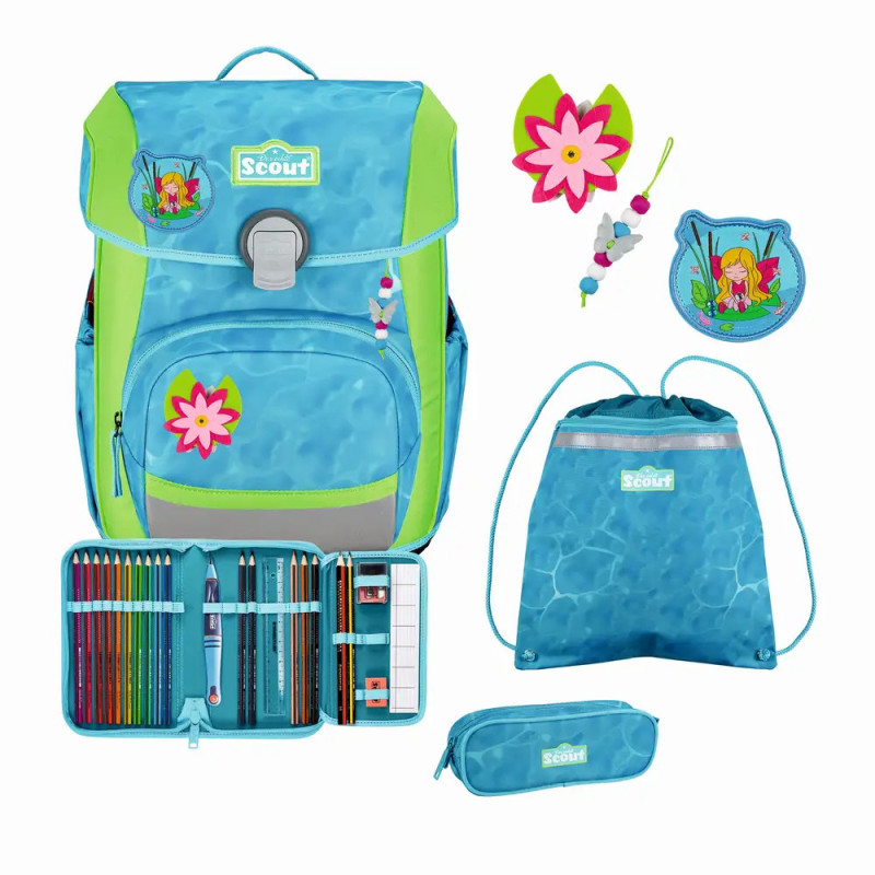 Hellblau-grünes Schulset mit Rucksack, Stiften, Turnbeutel und Blumenmotiven. Hellblau-grünes Schulset mit Rucksack, Stiften, Turnbeutel und Blumenmotiven.