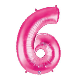 Rosa Folienballon in Form der Zahl sechs, freigestellt vor weißem Hintergrund.