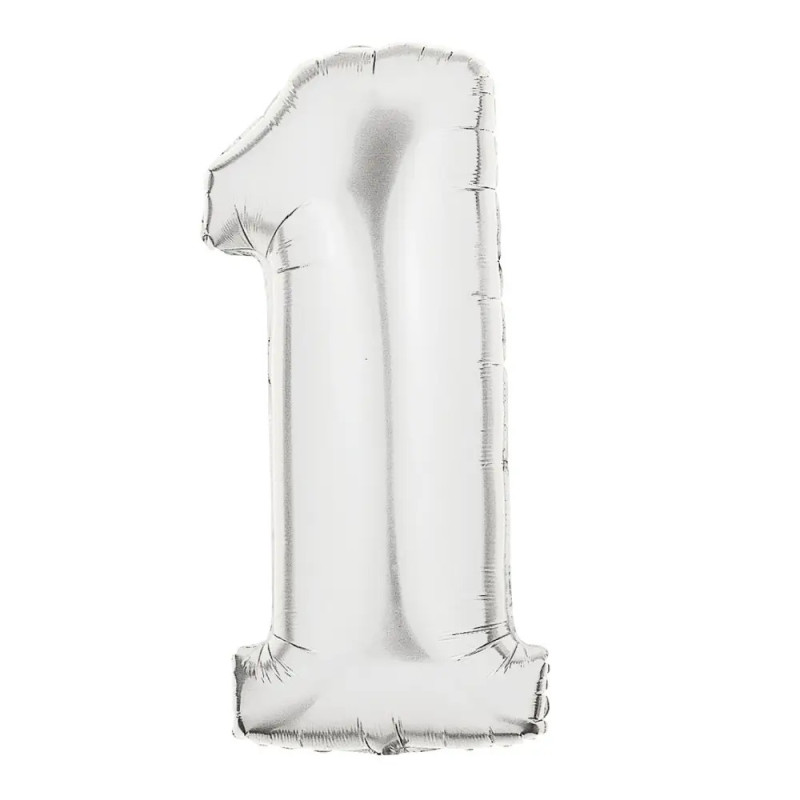 Silberne Folienballon-Zahl Eins vor weißem Hintergrund.