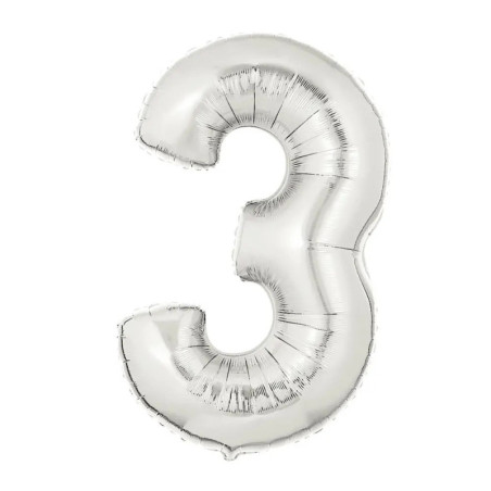 Zahl 3 silber 102 cm / incl. Helium