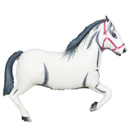 Ballon in Pferdeform, weiß mit grauer Mähne und Schweif, rotes Zaumzeug, vor schlichtem Hintergrund.