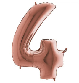 Roségoldene Folienballon-Zahl 4 vor weißem Hintergrund.