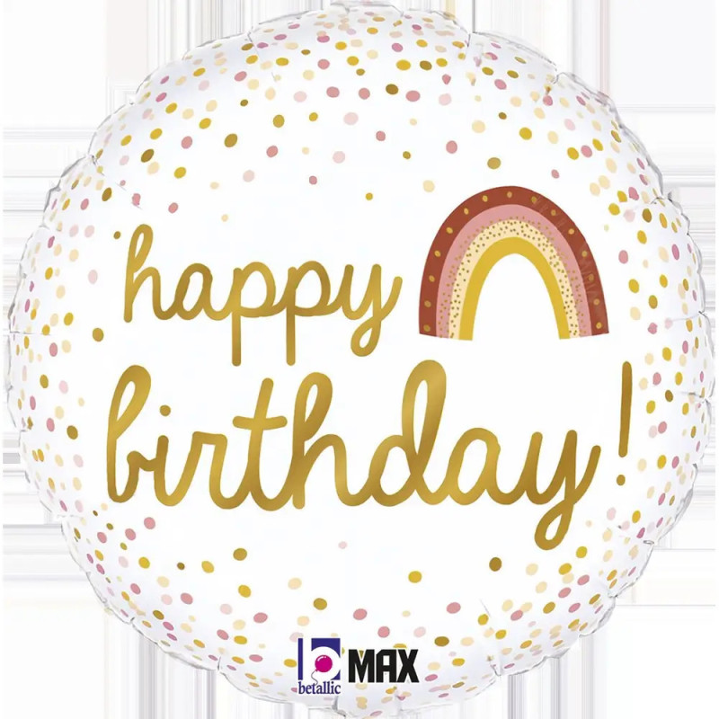 Runder Ballon mit Happy Birthday! in goldener Schrift, Regenbogenmotiv und pastellfarbenen Konfetti-Punkten.