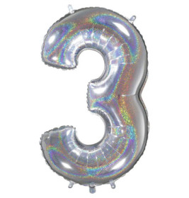 Silberner, glänzender Luftballon in Form der Zahl 3 mit holografischem Effekt.