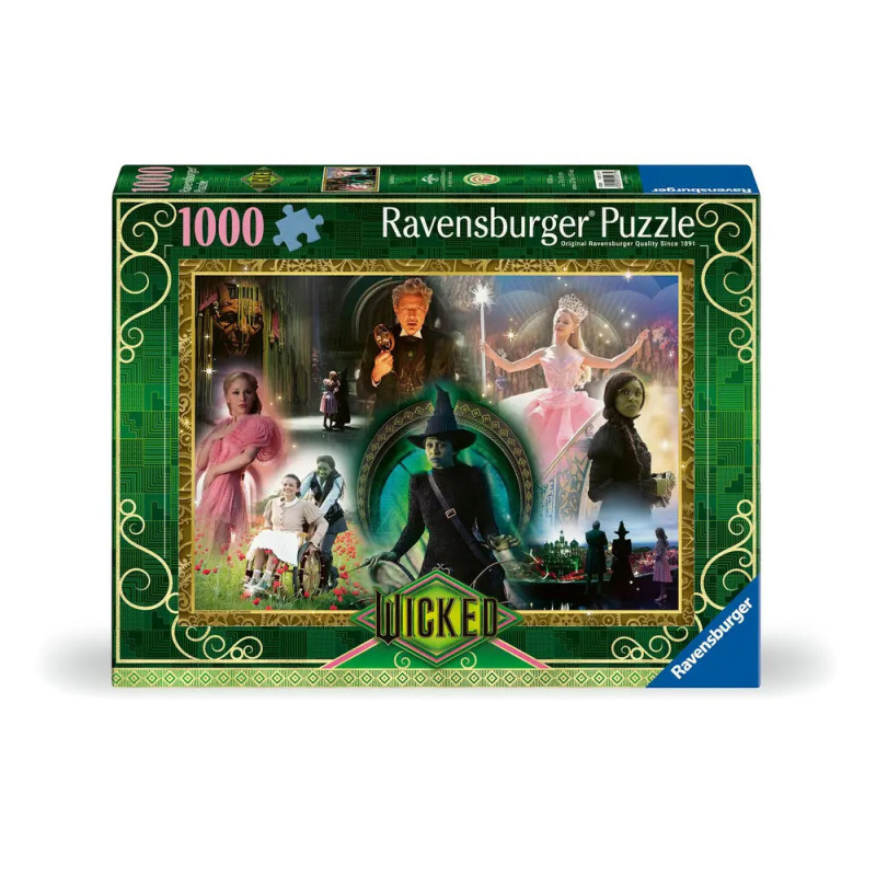 Ravensburger Puzzle mit 1000 Teilen zeigt Figuren und Szenen aus dem Musical Wicked auf der Verpackung. Ravensburger Puzzle mit 1000 Teilen zeigt Figuren und Szenen aus dem Musical Wicked auf der Verpackung.