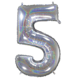 Silberner Metallic-Ballon in Form einer 5, glänzend und mit holografischem Lichteffekt.