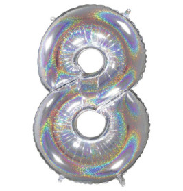 Silberne Folienballon in Form einer Acht mit Regenbogenschimmer.