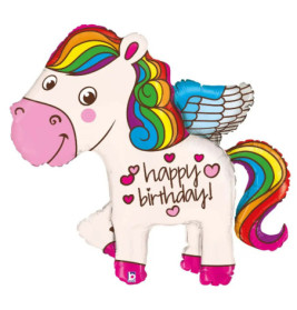 Bunter Einhornballon mit Regenbogenmähne, blauen Flügeln und Happy Birthday! Schriftzug sowie pinken Herzen.