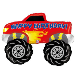 Roter Monstertruck-Ballon mit Happy Birthday!-Schriftzug, Flammendesign und großen schwarzen Reifen.