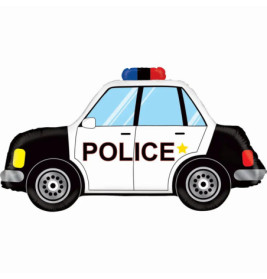 Cartoonartiges schwarz-weißes Polizeiauto mit Sirenen auf dem Dach und dem Schriftzug POLICE an der Seite.