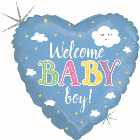 Blauer, herzförmiger Ballon mit Welcome BABY boy!-Aufschrift sowie Wolken-, Stern- und Punktmotiven.