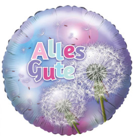 Runder Ballon mit Pusteblumen und dem Schriftzug Alles Gute vor violett-blauem Hintergrund.
