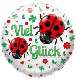 Runder Ballon mit zwei Marienkäfern, Blumen und der Aufschrift Viel Glück.
