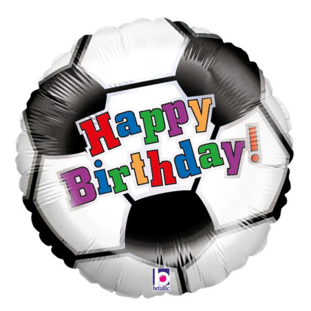 Runder Fußball-Ballon mit Happy Birthday! in bunten Buchstaben mittig bedruckt.