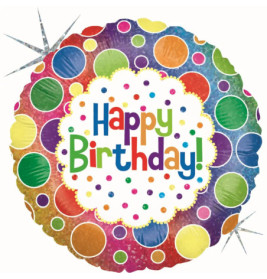 Bunter Happy Birthday!-Ballon mit Punkten und Konfetti auf weißem Hintergrund.