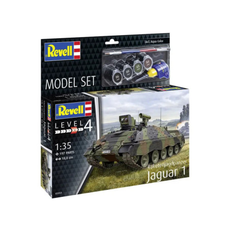 Revell Raketenjagdpanzer Jaguar 1 Bausatz mit Farben und Pinseln, Maßstab 1:35, Level 4, 197 Teile. Revell Raketenjagdpanzer Jaguar 1 Bausatz mit Farben und Pinseln, Maßstab 1:35, Level 4, 197 Teile.