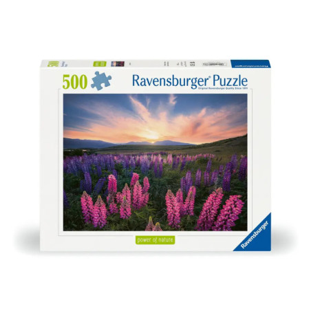 Ravensburger Puzzle, 500 Teile, mit Lupinenfeld und Sonnenuntergang auf dem Karton.