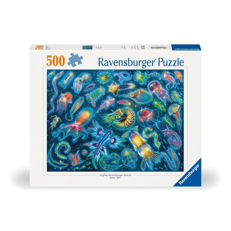 Ravensburger Puzzle mit 500 Teilen, zeigt bunte mikroskopische Meereslebewesen auf dunkelblauem Hintergrund. Ravensburger Puzzle mit 500 Teilen, zeigt bunte mikroskopische Meereslebewesen auf dunkelblauem Hintergrund.