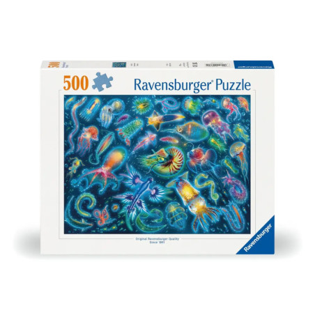Ravensburger Puzzle mit 500 Teilen, zeigt bunte mikroskopische Meereslebewesen auf dunkelblauem Hintergrund.